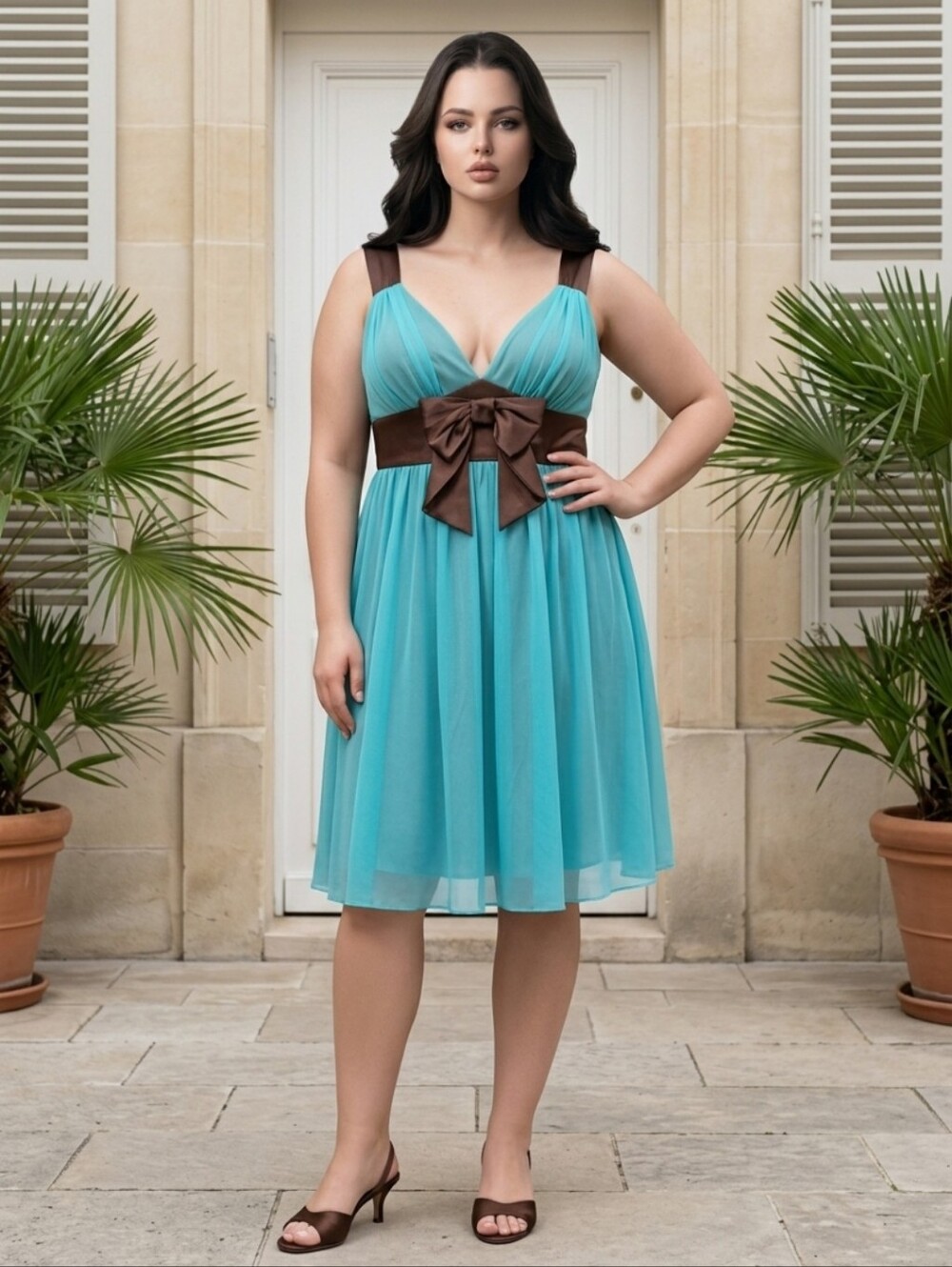 Enfocus Studio Turquoise Chiffon Midi Dress with Brown Bow